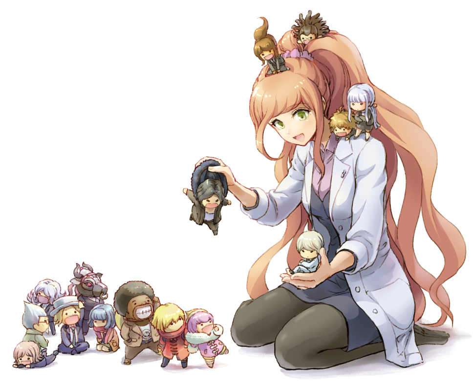 6+boys 6+girls afro ando_ruruka asahina_aoi bandai_daisaku chibi commentary_request cow_mask crossed_arms danganronpa_(series) danganronpa_3_(anime) everyone fairy_(jintai) formal_clothes fur-trimmed_jacket fur_collar fur_trim gekkogahara_miaya great_gozu hagakure_yasuhiro holster izayoi_sounosuke jacket jinrui_wa_suitai_shimashita kimura_seiko kirigiri_kyoko kizakura_kouichi lab_coat long_hair mask mitarai_ryota mouth_mask multiple_boys multiple_girls munakata_kyousuke naegi_makoto nakahara_mai official_alternate_hairstyle orange_hair pantyhose ponytail sakakura_juuzou scrunchie seiza simple_background sitting skirt smile suit surgical_mask tengan_kazuo thigh_holster very_long_hair voice_actor_connection wariza white_background youko-shima yukizome_chisa