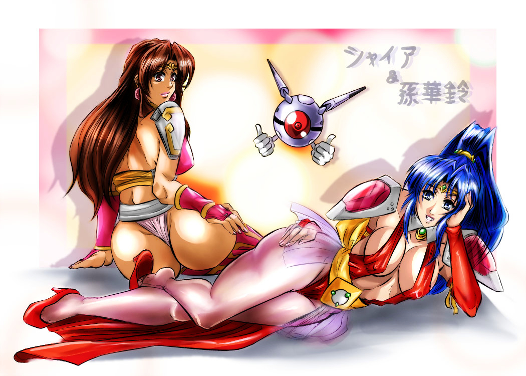 2girls arm_support armor ass ass_focus ball_boy black_hair blue_eyes bracelet breasts bridal_gauntlets brown_eyes brown_hair choujin_gakuen_gowcaizer cleavage collar covered_erect_nipples dark-skinned_female dark_skin earrings elbow_gloves fang fingerless_gloves from_behind full_body game gloves hair_ornament high_heels highleg highleg_leotard hishizaki_shaia_(gowcaizer) huge_ass idol jewelry ladies large_breasts leotard lips lipstick loincloth long_hair looking_at_viewer makeup multiple_girls nail_polish no_bra on_ground panties pantyhose penzoom ponytail revealing_clothes ribbon robot see-through_clothes see-through_legwear sexually_suggestive shadow sideboob simple_background smile son_karin tan technos thick_thighs thighs thong tiara underwear
