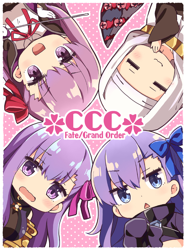 4girls bb_(fate) bb_(fate/extra) black_coat black_dress blue_eyes blue_ribbon blush border breasts chibi closed_eyes closed_mouth coat coif demon_pillar_(fate) dress facing_viewer fate/extra fate/extra_ccc fate/grand_order fate_(series) gloves gold_necklace hair_between_eyes hair_ribbon hand_up jewelry large_breasts long_hair long_sleeves looking_at_viewer meltryllis_(fate) multiple_girls neck_ribbon necklace open_clothes open_coat open_mouth outline passionlip_(fate) pink_background pink_ribbon purple_eyes purple_hair red_ribbon ribbon rioshi sessyoin_kiara shirt sleeves_past_fingers sleeves_past_wrists smile triangle_mouth veil white_border white_gloves white_outline white_shirt white_veil wide_sleeves