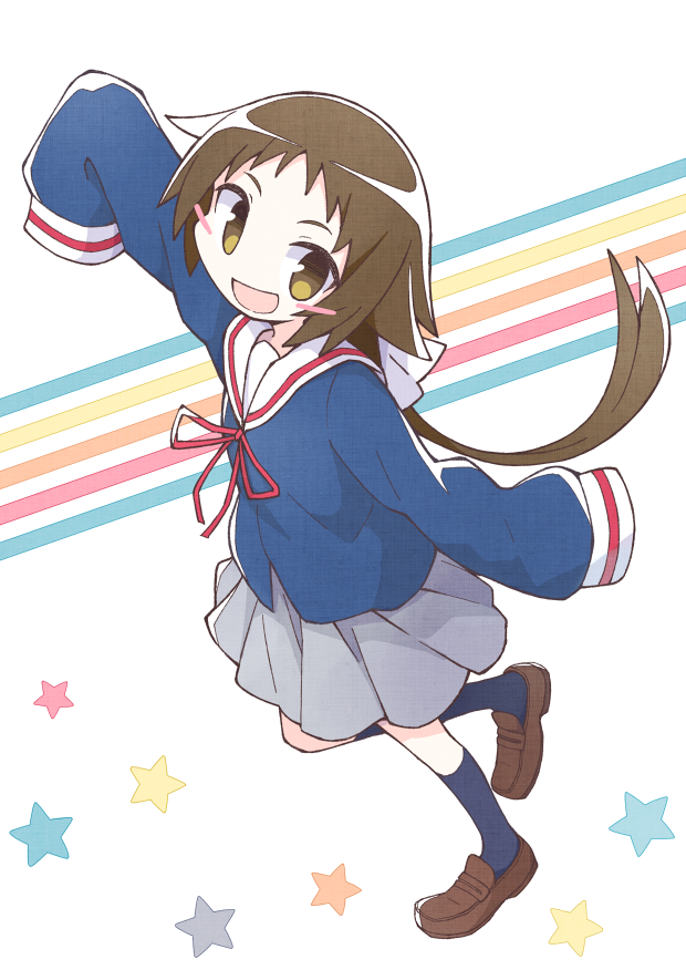 1girl :d asameshi blue_socks blush blush_stickers bow brown_eyes brown_footwear brown_hair female_focus grey_skirt hair_bow long_hair long_sleeves looking_at_viewer mikakunin_de_shinkoukei mitsumine_mashiro open_mouth outstretched_arms pleated_skirt ponytail sailor_collar school_uniform skirt sleeves_past_fingers sleeves_past_wrists smile socks solo standing white_bow white_sailor_collar