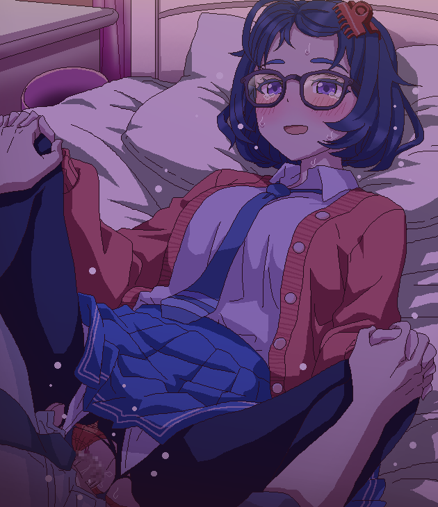 black_pantyhose blue_hair cardigan clothed_sex clothing_aside glasses happy_sex holding_hands medium_hair mila_(miside) miside mita_(miside) necktie on_bed panties panties_aside pantyhose pleated_skirt purple_eyes sex shirt skirt tomu_(tomubobu) torn_clothes torn_pantyhose underwear vaginal