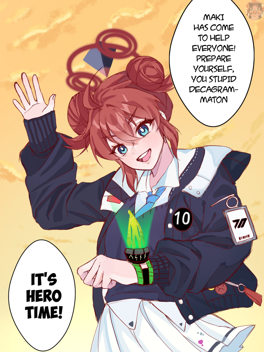1girl ben_10 ben_10:_alien_force black_jacket black_sweater_vest blue_archive blue_eyes blue_necktie cloud cloudy_sky collared_shirt dress evening highres hologram jacket looking_at_object maki_(blue_archive) necktie omnitrix orange_sky outdoors red_hair school_uniform shirt sky smile solo spoken_text sweater_vest teeth thanh_thanh upgrade_(ben_10) upper_teeth_only v-shaped_eyebrows white_dress white_shirt