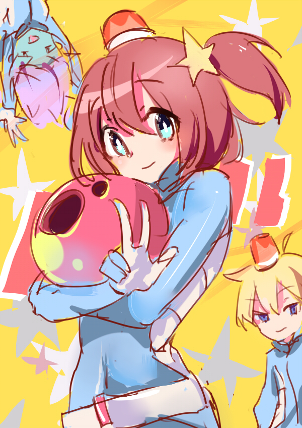 1boy 2girls :d alarm_siren arms_up blonde_hair blue_bodysuit blue_eyes bodysuit brown_hair colored_skin commentary_request crossed_arms green_skin hair_ornament helmet hiroshiko_(restart) looking_at_viewer midori_(uchuu_patrol_luluco) multiple_girls open_mouth purple_hair raised_eyebrow raised_eyebrows red_headwear short_hair smile smug star_(symbol) star_hair_ornament uchuu_patrol_luluco uniform v