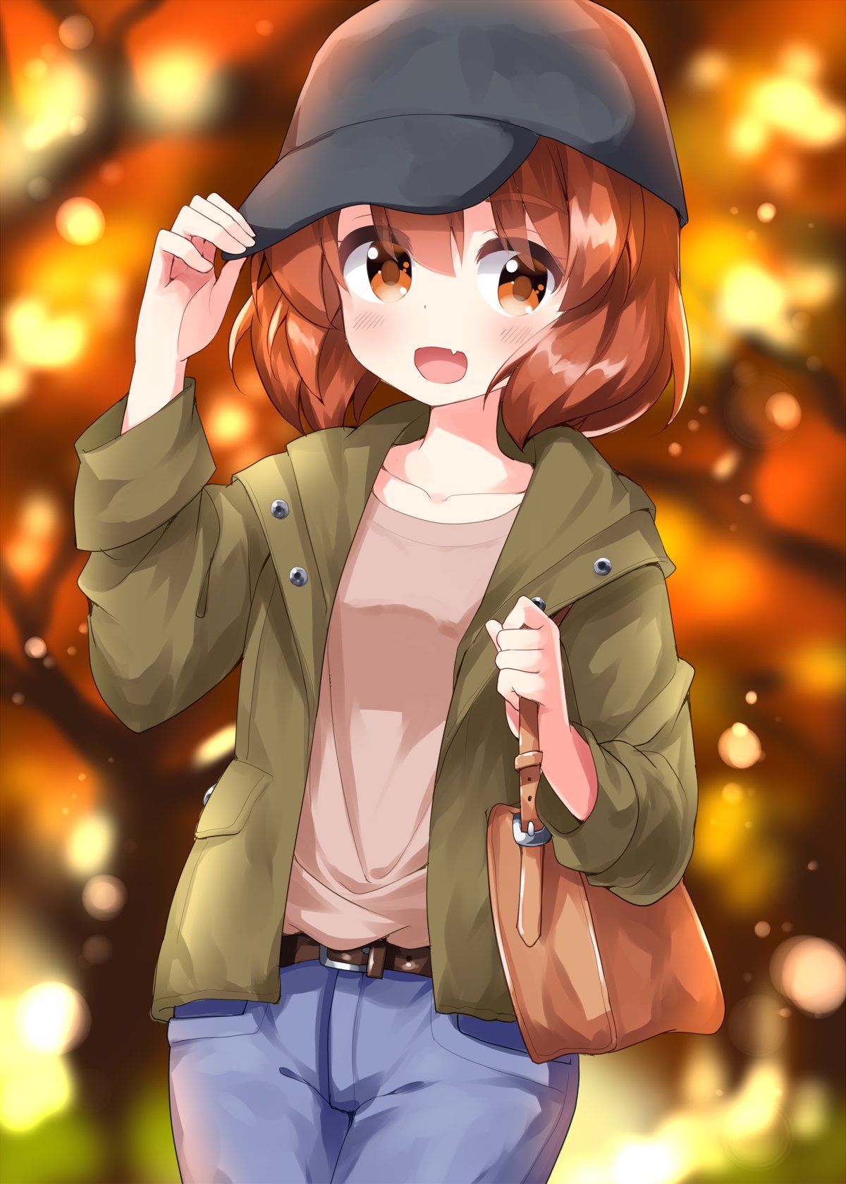 1girl :d arm_up black_hat blush brown_bag brown_shirt collarbone commentary_request cowboy_shot denim fang flat_cap green_jacket hand_up hat highres inokuma_youko jacket jeans kin-iro_mosaic long_sleeves looking_at_viewer open_clothes open_jacket open_mouth orange_eyes orange_hair pants ruu_(tksymkw) shirt short_hair smile solo