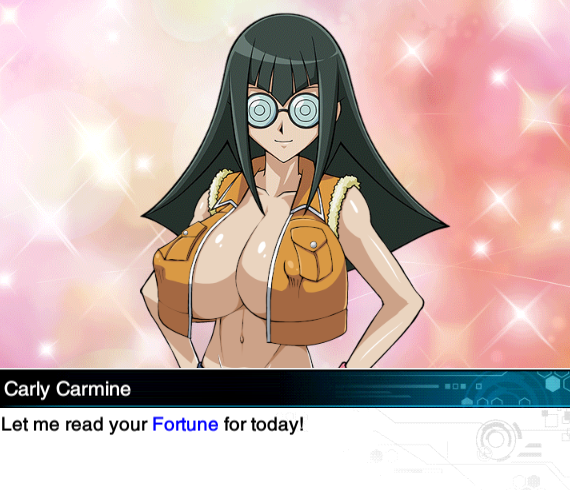 black_hair breasts carly_nagisa cleavage coke-bottle_glasses covered_erect_nipples english_text game_mod glasses huge_breasts jacket large_breasts looking_at_viewer mod naked_jacket non-web_source sparkle_background tagme underboob yu-gi-oh! yu-gi-oh!_5d&#039;s yu-gi-oh!_duel_links