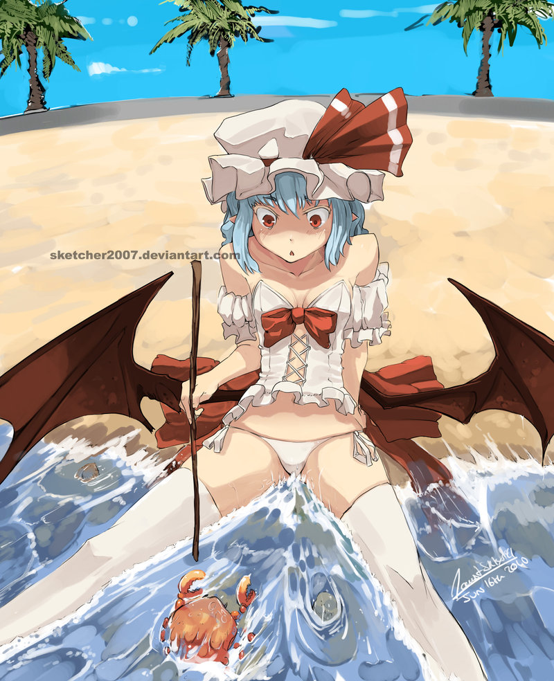 1girl 2010 :o adapted_costume bare_shoulders bat_wings beach blue_hair bustier collarbone crab dated day faustsketcher female_focus hat low_wings no_bra outdoors palm_tree panties partially_submerged pointy_ears red_eyes remilia_scarlet short_hair side-tie_panties sitting solo spread_legs staring stick thighhighs touhou tree underwear water watermark web_address white_thighhighs wings
