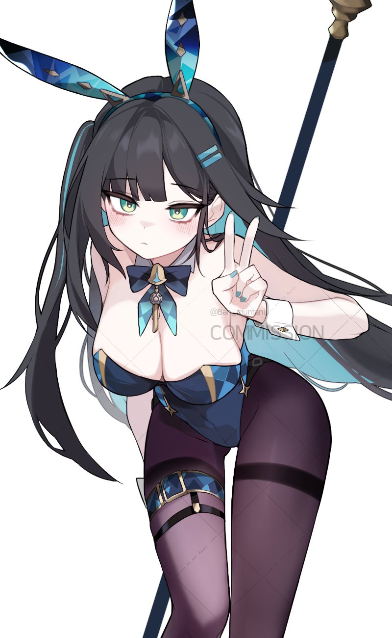 1girl abigail_(black_survival) abigail_(poker_face)_(black_survival) animal_ears ban_mumani bare_shoulders bent_over black_hair black_survival blue_hair bow bowtie breasts brown_pantyhose cleavage colored_inner_hair covered_navel detached_collar eternal_return:_black_survival fake_animal_ears green_eyes hairband highleg highleg_leotard highres holding holding_polearm holding_weapon large_breasts leotard long_hair looking_at_viewer multicolored_hair official_alternate_costume one_side_up pantyhose playboy_bunny polearm rabbit_ears solo standing strapless strapless_leotard thigh_strap v very_long_hair weapon wrist_cuffs