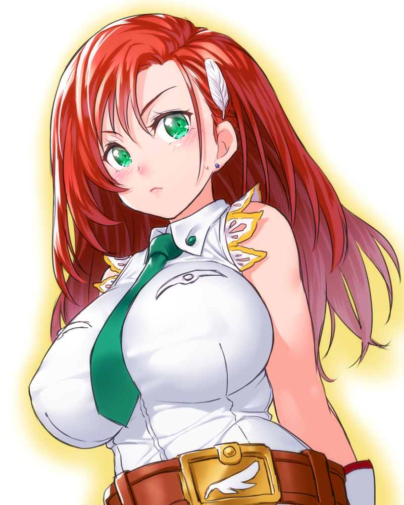 1girl bare_shoulders belt blouse breasts cliana_rimskaya collared_shirt covered_erect_nipples earrings feather_hair_ornament feathers female_focus gloves green_eyes green_necktie hair_ornament huge_breasts impossible_clothes impossible_shirt jewelry looking_at_viewer necktie onsoku_inu red_hair shirt simple_background sleeveless sleeveless_shirt solo standing super_robot_wars super_robot_wars_destiny upper_body white_background white_gloves white_shirt