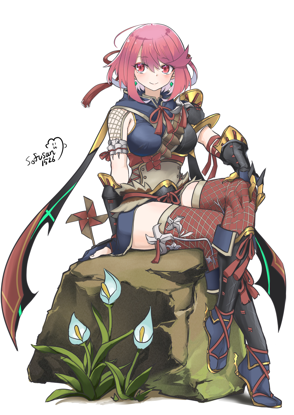 1girl alternate_costume armor black_armor breasts crossed_legs fishnet_thighhighs fishnets highres kamura_(armor) large_breasts monster_hunter_(series) monster_hunter_rise pyra_(xenoblade) red_eyes red_hair red_thighhighs sandals short_hair signature simple_background single_bare_shoulder sitting sofusan1526 solo thighhighs white_background xenoblade_chronicles_(series) xenoblade_chronicles_2