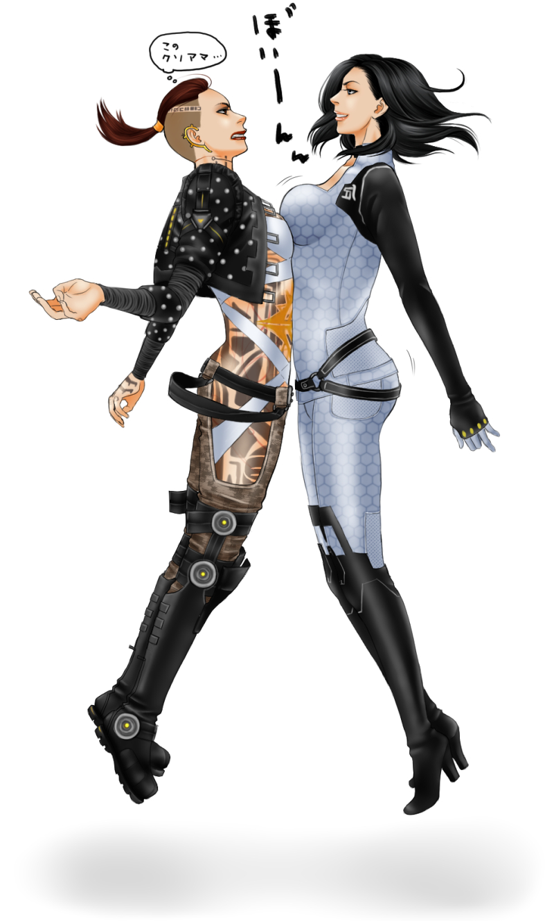 2girls asymmetrical_docking black_footwear black_hair bodysuit boots breast_envy breast_press breasts brown_hair buzz_cut catsuit ear_piercing full-body_tattoo full_body grin high_heel_boots high_heels highres hip_vent honeycomb_pattern jack_(mass_effect) jumping knee_boots large_breasts lips mass_effect_(series) mass_effect_2 mass_effect_3 miranda_lawson mohawk multiple_girls necthassak out_of_character piercing ponytail short_hair simple_background small_breasts smile tattoo translation_request very_short_hair