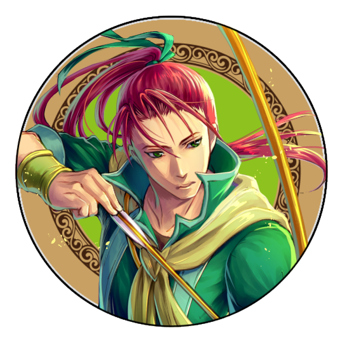 1boy arrow_(projectile) bow_(weapon) commentary_request fire_emblem fire_emblem:_path_of_radiance green_eyes holding holding_arrow long_hair male_focus nintendo ponytail red_hair shinon_(fire_emblem) shumizoku solo weapon