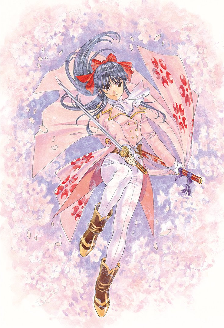 ascot belt black_hair blunt_sidelocks boots brown_belt brown_boots brown_eyes buttons cherry_blossoms coattails collar collared_jacket double-breasted fingerless_gloves floral_background floral_print floral_print_kimono floral_print_sleeves gloves gold_buttons hair_ribbon half_updo high_ponytail holding holding_kimono holding_sheath holding_sword holding_unworn_clothes holding_weapon jacket japanese_clothes kimono leg_up light_smile long_sidelocks long_sleeves matsubara_hidenori multicolored_boots name_connection object_namesake official_art pants pink_background pink_collar pink_jacket pink_kimono pink_petals pink_uniform ponytail print_kimono red_ribbon ribbon sakura_taisen sega sheath shinguuji_sakura sidelocks striped_clothes striped_pants sword tassel third-party_source tight_clothes tight_pants traditional_media two-tone_boots vertical-striped_clothes vertical-striped_pants wavy_ends wavy_sidelocks weapon white_ascot white_gloves white_pants wide_sleeves yellow_boots