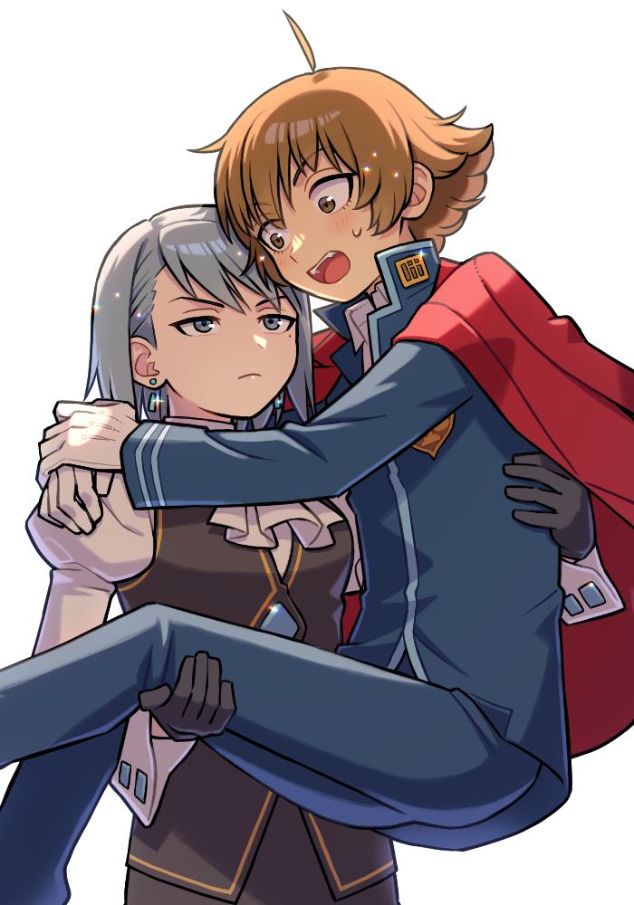 1boy 1girl :d ace_attorney ace_attorney_investigations ace_attorney_investigations_2:_prosecutor&#039;s_gambit ahoge ascot black_gloves black_vest blue_eyes blue_hair blue_jacket blue_pants blue_suit blush brown_hair buttons cape carrying closed_mouth collared_jacket collared_shirt earrings formal_clothes franziska_von_karma frilled_ascot frills gloves hand_on_another&#039;s_leg hand_on_another&#039;s_shoulder high_collar ichiyanagi_yumihiko jacket jewelry juliet_sleeves long_sleeves mole mole_under_eye numae_kaeru open_mouth pants princess_carry puffy_sleeves red_cape reverse_princess_carry shirt short_hair simple_background sleeve_cuffs smile suit sweat swept_bangs vest white_ascot white_background white_gloves white_shirt
