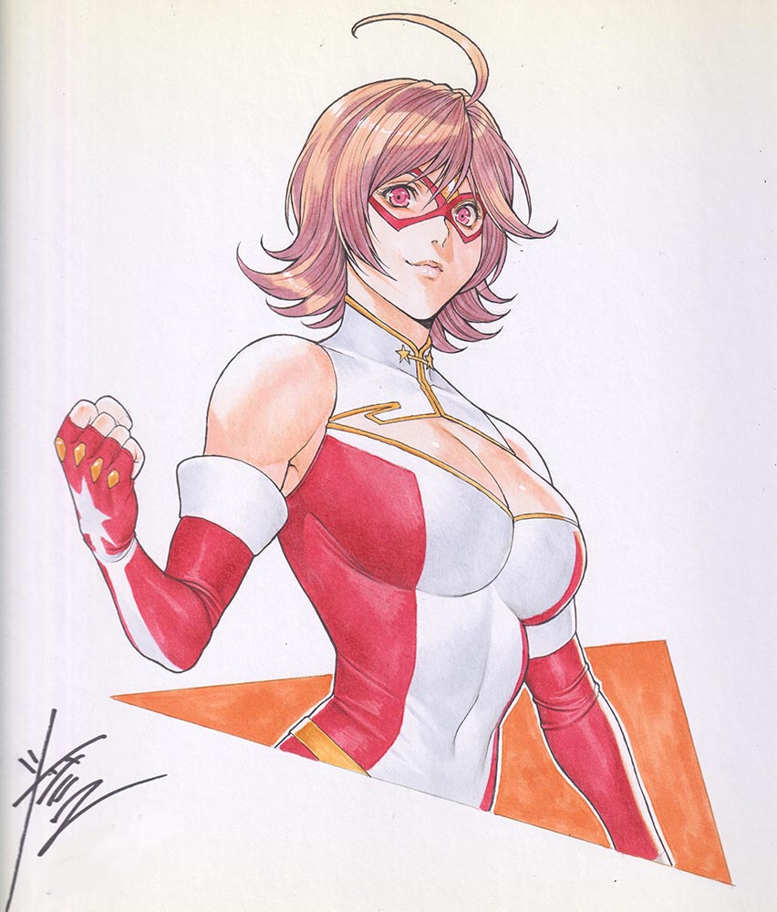 1girl ahoge breasts cleavage cleavage_cutout clothing_cutout domino_mask elbow_gloves eye_mask gloves gold_bow homare_(fool&#039;s_art) kamen_america_(comic) kamen_comet large_breasts looking_at_viewer mask red_eyes red_hair short_hair leotard smile solo superhero_costume