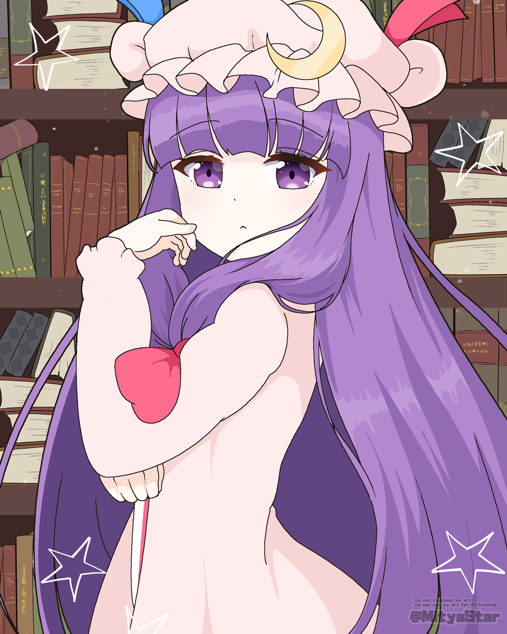 1girl book bookshelf commentary crescent dress english_text hand_up hat highres indoors long_hair long_sleeves looking_at_viewer looking_to_the_side mitya mob_cap patchouli_day patchouli_knowledge pink_dress pink_hat purple_eyes purple_hair solo star_(symbol) touhou twitter_username very_long_hair watermark