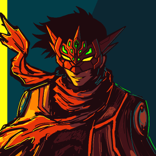 black_hair black_shirt blue_background crown emeraldcodex getter_emperor getter_rays getter_robo jacket limited_palette mask nagare_ryoma open_clothes open_jacket possessed red_mask red_scarf scarf shirt sideburns smirk