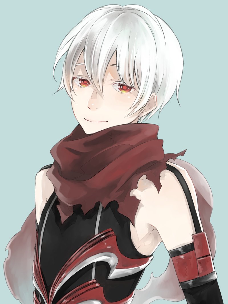 1boy black_shirt blue_background closed_mouth commentary_request guillotine_cross_(ragnarok_online) looking_at_viewer male_focus official_alternate_costume orange_eyes ragnarok_online red_scarf scarf shirt short_hair simple_background sleeveless sleeveless_shirt smile solo torn_clothes torn_scarf upper_body white_hair yutsuki