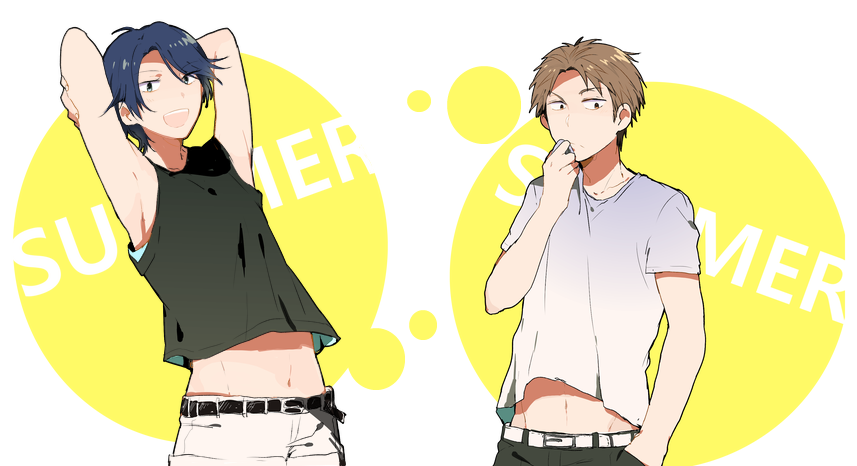 10s 1boy 1girl androgynous armpits blue_hair brown_eyes brown_hair english_text gekkan_shoujo_nozaki-kun hori_masayuki kashima_yuu kasoku_(1217cat) navel reverse_trap short_hair white_background