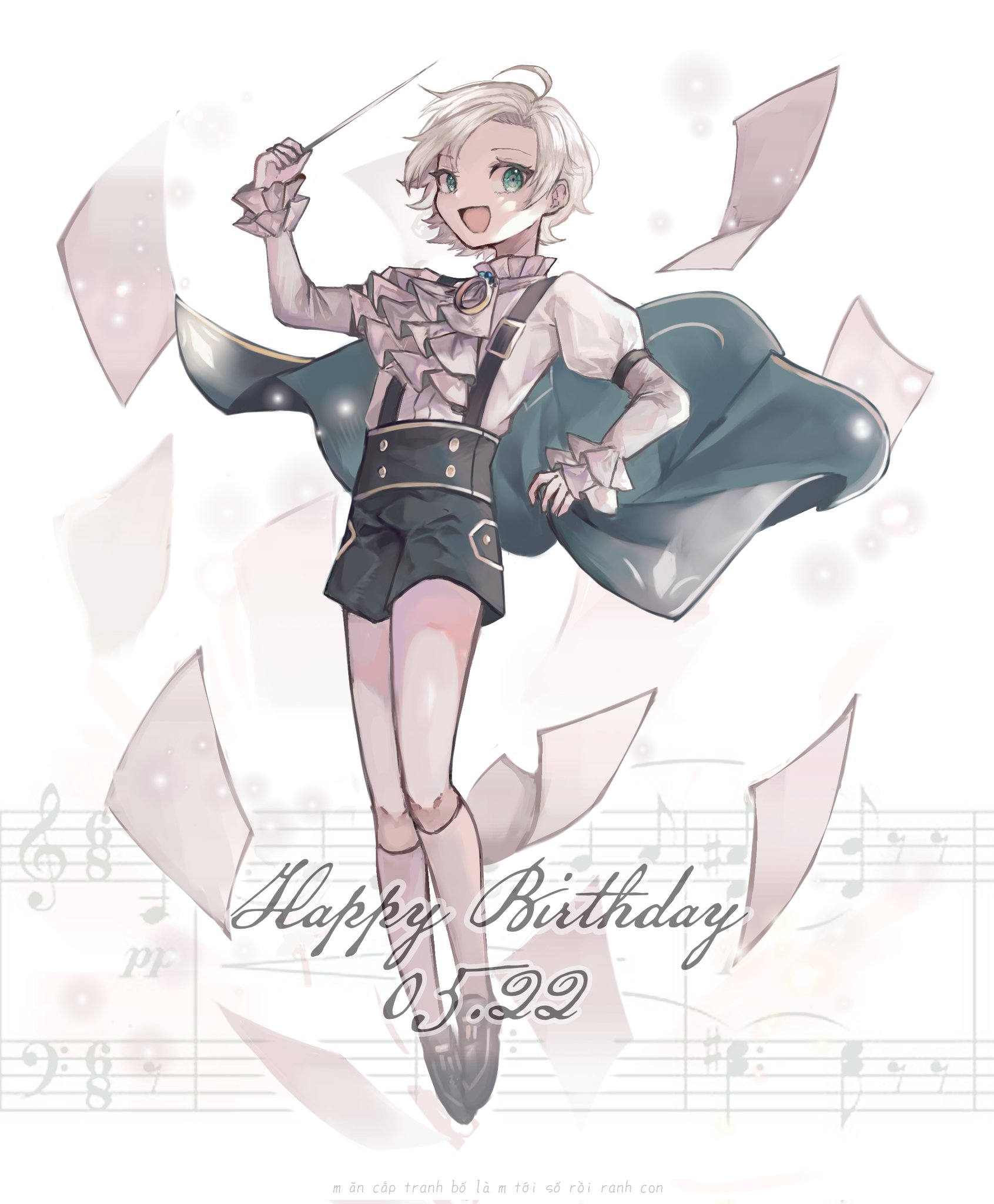 1boy ahoge ascot black_shorts blonde_hair cape classicaloid eyelashes full_body green_cape green_eyes highres juliet_sleeves long_sleeves looking_at_viewer male_focus open_mouth puffy_sleeves richard_wagner_(classicaloid) rmiwalk shirt short_hair shorts socks solo suspender_shorts suspenders white_ascot white_shirt white_socks