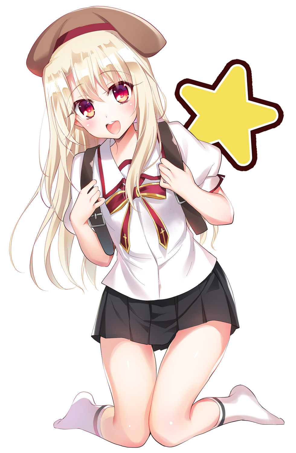 1girl :d backpack bag beret black_skirt blonde_hair blush bow brown_hat collared_shirt commentary_request fate/kaleid_liner_prisma_illya fate_(series) female_focus hair_between_eyes hat highres homurabara_academy_school_uniform illyasviel_von_einzbern kneeling leaning_to_the_side long_hair no_shoes open_mouth pleated_skirt puffy_short_sleeves puffy_sleeves red_bow red_eyes round_teeth school_uniform shirt short_sleeves simple_background skirt smile socks solo star_(symbol) teeth upper_teeth_only very_long_hair white_background white_shirt white_socks youta