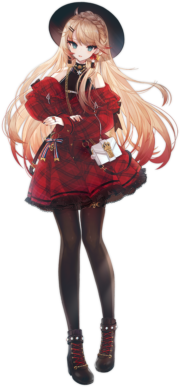 1girl ahoge azur_lane bag bare_shoulders black_boots black_headwear black_pantyhose black_shirt blonde_hair blue_eyes boots braid dress earrings french_braid full_body gradient_hair hair_ornament hairclip handbag highres howe_(azur_lane) howe_(noble_rouge)_(azur_lane) jewelry long_hair looking_at_viewer multicolored_hair multicolored_nails nail_polish necklace off-shoulder_dress off_shoulder official_alternate_costume official_art pantyhose parted_lips red_dress ring shirt sleeveless sleeveless_shirt sleeveless_turtleneck snow_is solo standing transparent_background turtleneck undershirt