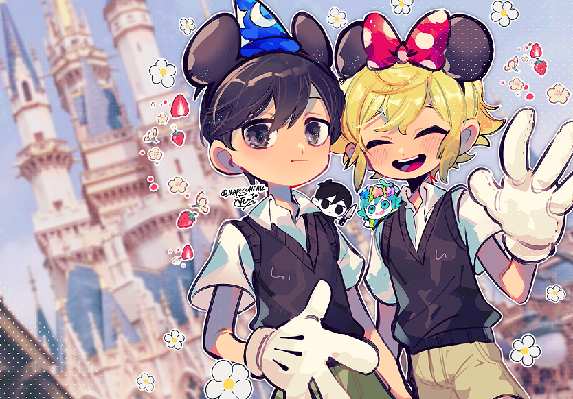 1boy antenna_hair basil_(faraway)_(omori) basil_(headspace)_(omori) basil_(omori) black_hair blonde_hair blue_eyes blush closed_mouth collared_shirt disneyland dual_persona flower hair_flower hair_ornament head_wreath holding looking_at_viewer male_focus mickey_mouse_ears minnie_mouse_ears multiple_boys omori omori_(omori) open_mouth repikinoko shirt short_hair short_sleeves smile solo sunny_(omori) white_shirt