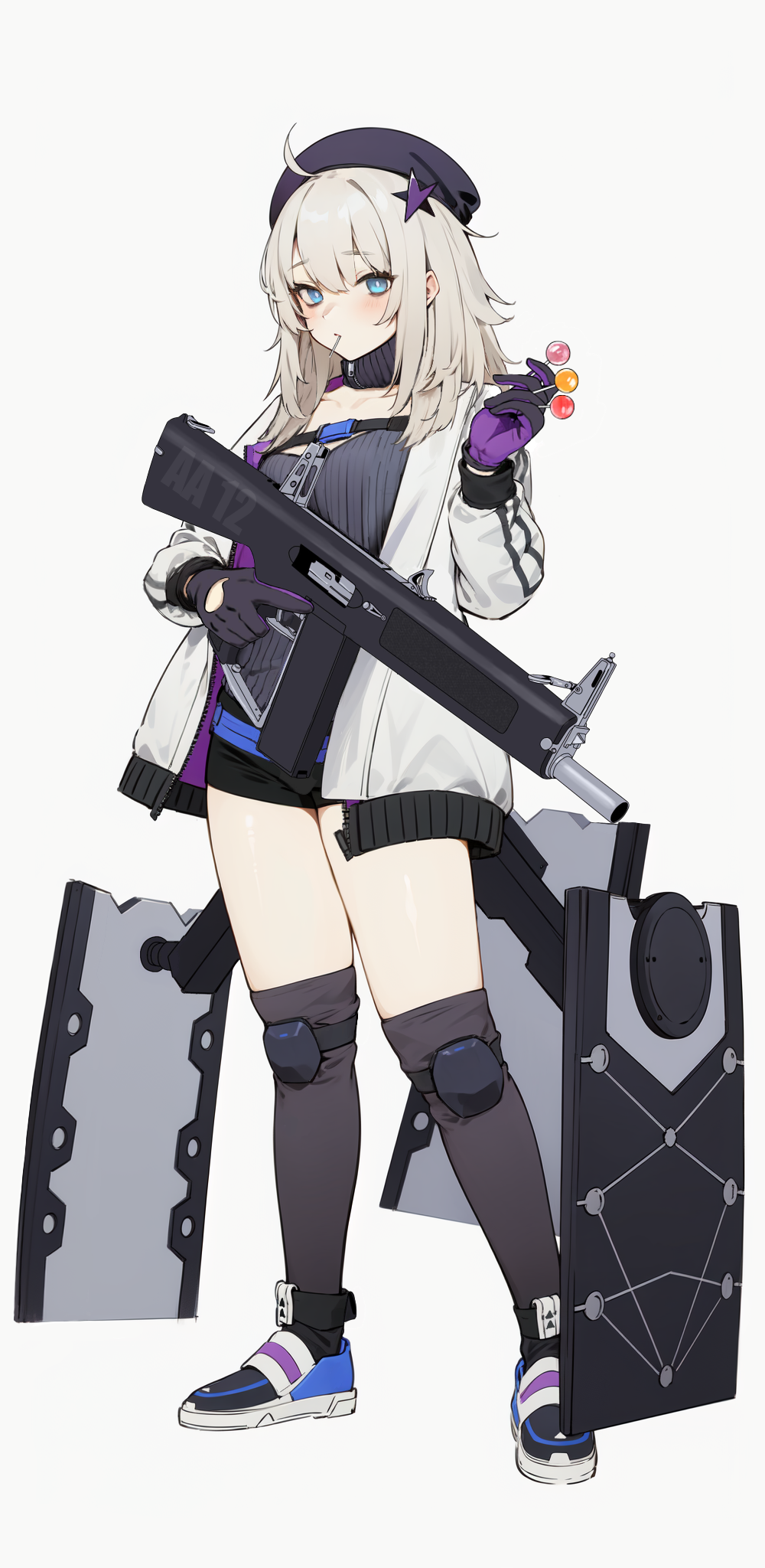 1girl aa-12 aa-12_(girls&#039;_frontline) ahoge ai-assisted automatic_shotgun beanie black_gloves black_hat black_shorts black_socks blue_eyes candy combat_shotgun extended_magazine food food_in_mouth full_body girls&#039;_frontline gloves grey_hair gun hair_ornament hat high-capacity_magazine highres holding holding_candy holding_food holding_gun holding_lollipop holding_weapon jacket knee_pads lollipop medium_hair open_clothes open_jacket over-kneehighs purple_gloves shield shield_module shoes short_shorts shorts shotgun socks solo star_(symbol) star_hair_ornament thighhighs trigger_discipline turtleneck two-tone_gloves weapon white_background white_jacket zenge_hd