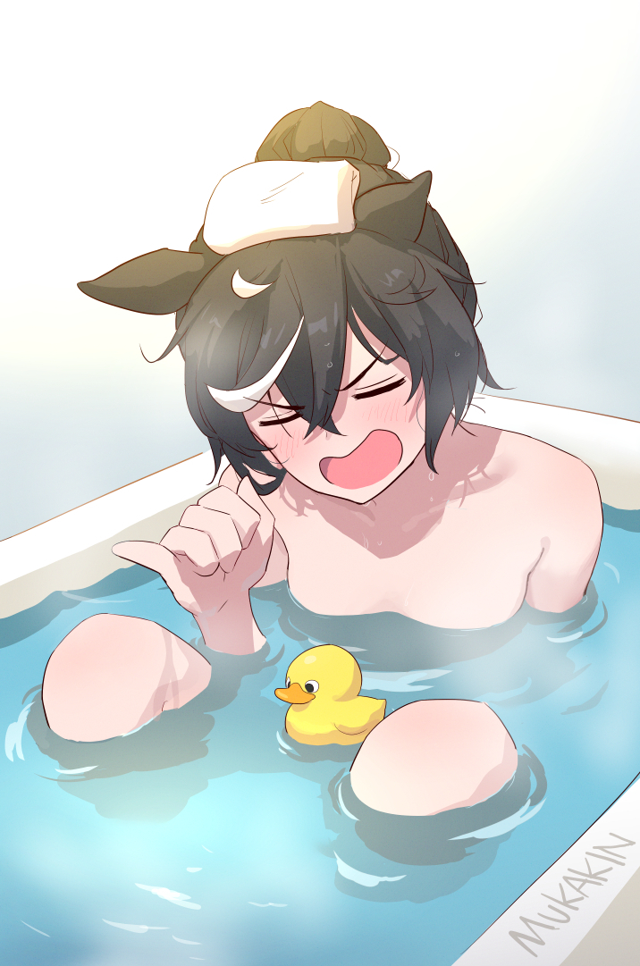 1girl animal_ears artist_name bath black_hair blush closed_eyes commentary_request convenient_censoring hair_bun horse_ears horse_girl katsuragi_ace_(umamusume) mukakin multicolored_hair nude open_mouth partially_submerged rubber_duck single_hair_bun solo streaked_hair towel towel_on_head umamusume water_censor white_hair