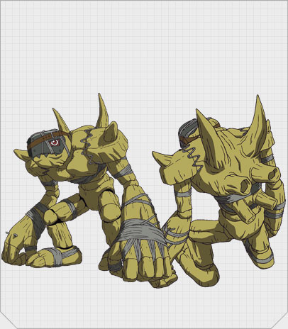reference_sheet digimon digimon_xros_wars golem golemon lowres mask multiple_views official_art red_eyes rock
