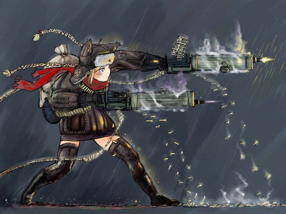 1girl animal_ears bad_id bad_pixiv_id blonde_hair blue_eyes braid female_focus gun hat machine_gun mars_expedition maxim_gun rain sack shell_casing skirt solo thighhighs weapon y_(khakiyawn) zettai_ryouiki