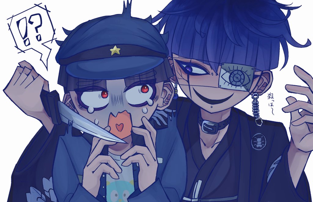 2boys black_hair blue_eyes blue_hair blue_hat bridge_piercing collar collarbone crying crying_with_eyes_open earrings eyepatch face_piercing hands_up hat heart holding holding_knife holding_weapon japanese_clothes japanese_text jewelry knife lip_piercing male_focus maruko_gaku messy_hair multicolored_hair multiple_boys omokage_yugamu one_eye_covered open_mouth piercing red_eyes simple_background smile tears the_hundred_line_-last_defense_academy- translation_request upper_body weapon white_background