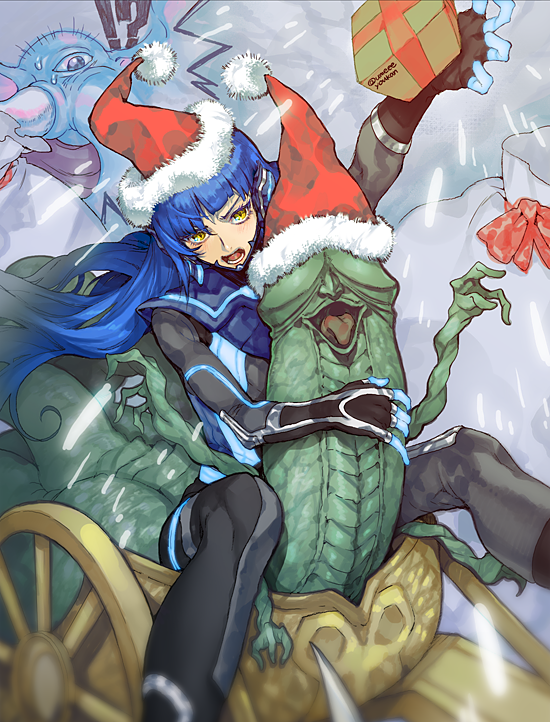 !? 1boy 2others arm_up asymmetrical_hair bad_id bad_twitter_id blue_hair blurry blurry_foreground bodysuit box christmas feet_out_of_frame fur_trim gift gift_box girimehkala hands_up hat hug long_hair lower_teeth_only male_focus mara_(megami_tensei) misplaced_genitals multiple_others open_mouth penis_head protagonist_(smtv) sack santa_hat shin_megami_tensei shin_megami_tensei_v single_sidelock sitting snowing teeth umeeeyoukan