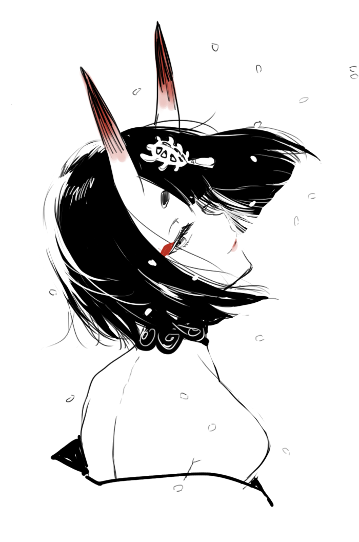 1girl bad_id bad_pixiv_id black_hair eyeliner eyeshadow fate/grand_order fate_(series) from_behind greyscale head_tilt horns lipstick looking_at_viewer looking_back makeup monochrome nito_(siccarol) short_hair shuten_douji_(fate) skin-covered_horns smile solo spot_color upper_body
