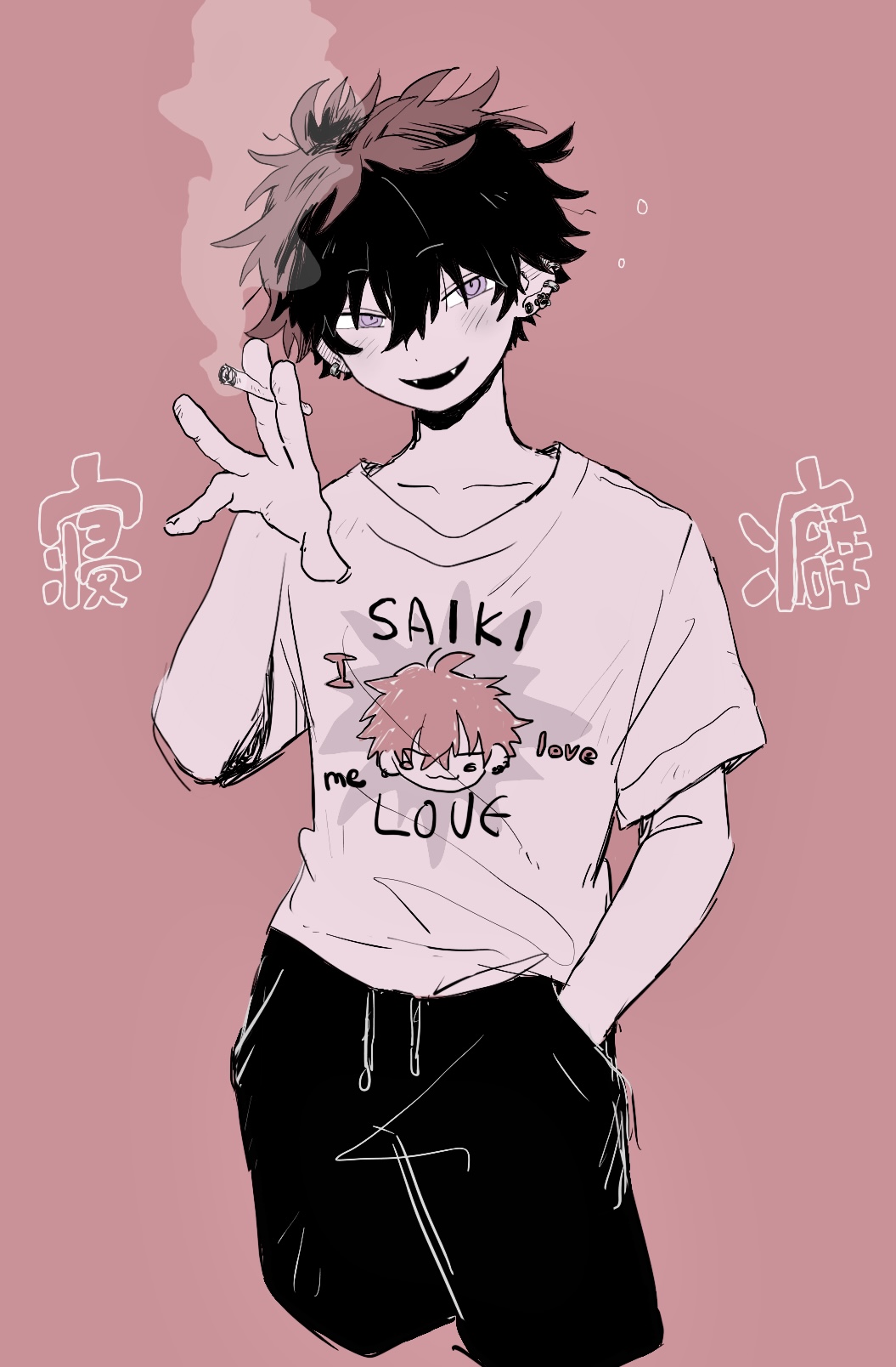 1boy achichikairo bad_id bad_twitter_id between_fingers character_print cigarette clothes_writing cowboy_shot cropped_legs earrings fangs hair_between_eyes hand_in_pocket hand_up highres holding holding_cigarette inactive_account jewelry limited_palette looking_at_viewer male_focus nijisanji open_mouth pants print_shirt saiki_ittetsu shirt short_hair short_sleeves simple_background smile smoke solo standing t-shirt virtual_youtuber