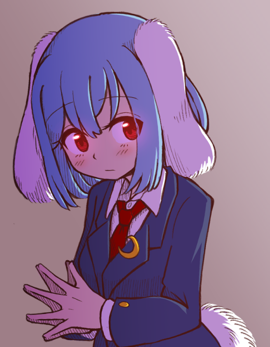 1girl animal_ears black_jacket blazer blue_hair blush commentary crescent crescent_pin female_focus grey_background hair_between_eyes jacket long_sleeves looking_at_viewer necktie one-hour_drawing_challenge own_hands_together rabbit_ears rabbit_tail red_eyes red_necktie reisen shirt short_hair simple_background solo steepled_fingers tail touhou white_shirt wool_(miwol)