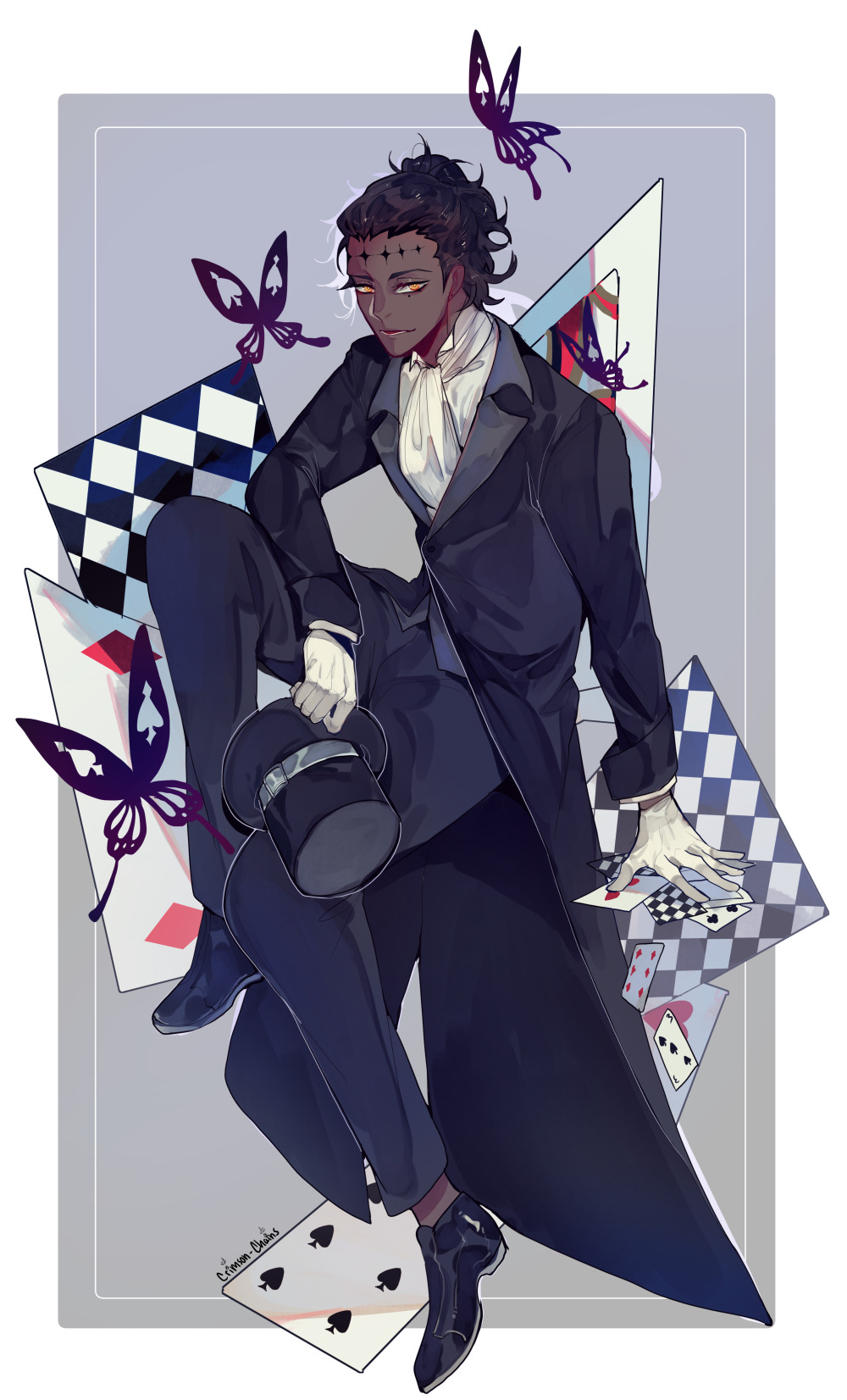 1boy black_coat black_hair black_hat black_pants black_shoes black_suit black_vest border bug butterfly card coat collared_suit crimson-chains d.gray-man dark-skinned_male dark_skin elbow_on_thigh facial_mark forehead_mark formal_clothes gloves gradient_background grey_background hair_slicked_back hand_on_ground hat highres holding holding_card holding_unworn_clothes holding_unworn_hat insect long_coat looking_at_viewer male_focus mature_male mole mole_under_eye neckerchief noah_(d.gray-man) outside_border oxfords pants parted_lips playing_card purple_butterfly shirt shoes short_hair signature sitting solo suit tyki_mikk unworn_hat unworn_headwear vest white_border white_gloves white_neckerchief white_shirt yellow_eyes