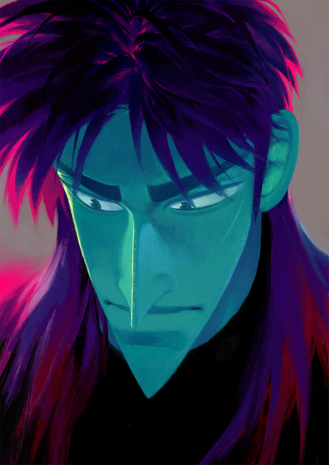 1boy close-up expressionless fukumoto_nobuyuki_(style) highres itou_kaiji kaiji looking_down male_focus medium_hair neon_palette pointy_chin pointy_nose shishinnonoii solo upper_body