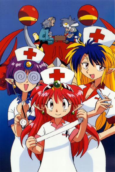 1990s_(style) 2boys 3girls aged_up arara_cocoa arara_milk baba_lamune bandages blonde_hair blue_background blue_hair coke-bottle_glasses collared_shirt da_cider colored_bangs earrings glasses grey_hair hat holding holding_bandages holding_stethoscope holding_syringe jewelry leska_(arara_cafe_au_lait) long_hair looking_at_viewer multicolored_hair multiple_boys multiple_girls ng_knight_lamune_&amp;_40 nurse nurse_cap official_art old old_man open_mouth pointy_ears purple_hair red_eyes red_hair retro_artstyle rimless_eyewear round_eyewear shirt short_sleeves smile stethoscope syringe two-tone_hair