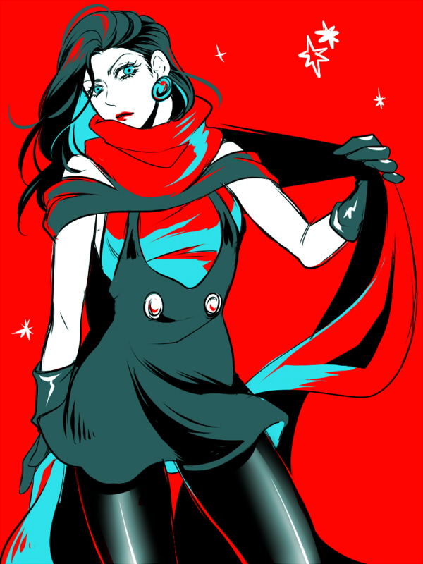 1girl aqua_eyes black_gloves black_hair chico0619 earrings female_focus gloves jewelry jojo_no_kimyou_na_bouken limited_palette lipstick lisa_lisa long_hair makeup off_shoulder pantyhose red_lips red_scarf scarf shiny_clothes solo