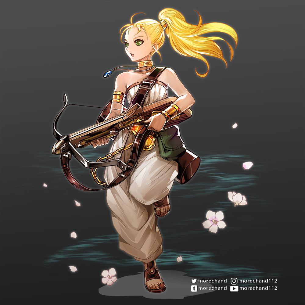 1girl bag blonde_hair bow_(weapon) breasts chrono_trigger crossbow falling_petals flower green_eyes jewelry long_hair marle_(chrono_trigger) moreshan necklace open_mouth petals ponytail shoulder_bag simple_background solo twitter_logo weapon