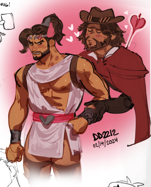2boys abs ancient_greek_clothes anger_vein asian bara bare_pectorals beard blush brown_hair cassidy_(overwatch) cowboy_hat cupid_hanzo dark-skinned_male dark_skin embarrassed facial_hair greco-roman_clothes hanzo_(overwatch) hat impaled large_pectorals looking_at_viewer loving_aura male_focus mature_male multiple_boys muscular muscular_male nipples official_alternate_costume overwatch overwatch_2 pectorals pelvic_curtain seansketches short_hair sketch standing thick_eyebrows yaoi