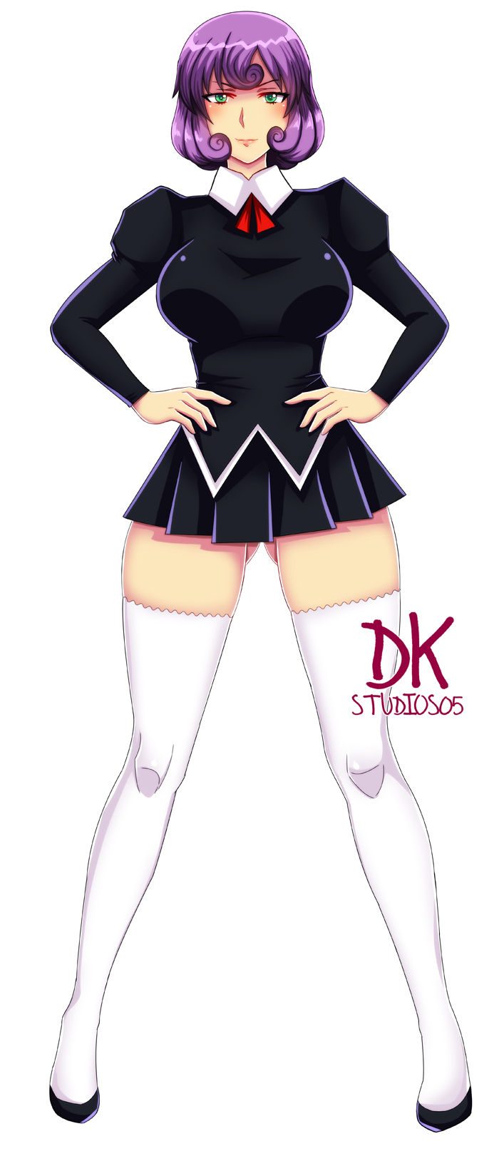 1girl agent_aika aika_(series) black_delmo black_delmo_leader blush breasts delmo delmogeny_uniform dkstudios05 gluteal_fold green_eyes hands_on_own_hips highres large_breasts looking_at_viewer microskirt purple_hair short_hair simple_background skirt solo thighhighs white_background white_thighhighs
