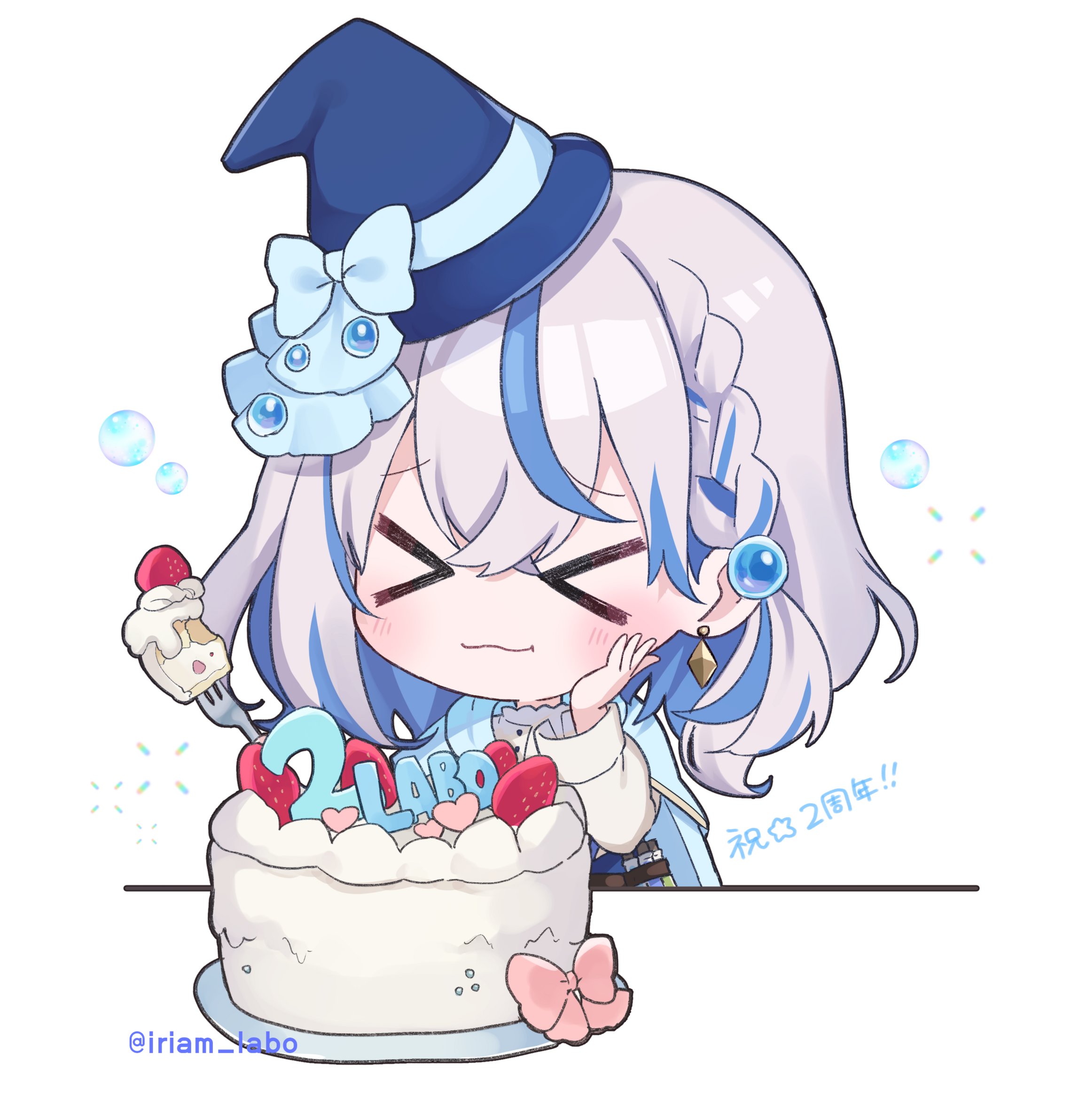 >_< 1girl :3 anniversary artist_request blue_hair blue_hat blush bow braid cake chibi chibi_only closed_eyes closed_mouth colored_inner_hair commentary_request diamond-shaped_earrings food fork fruit grey_hair hair_between_eyes hand_on_own_face hat heart highres holding holding_fork iriam miria_(iriam) multicolored_hair pink_bow second-party_source solo star_(symbol) strawberry streaked_hair translation_request twitter_username two-tone_hair white_background