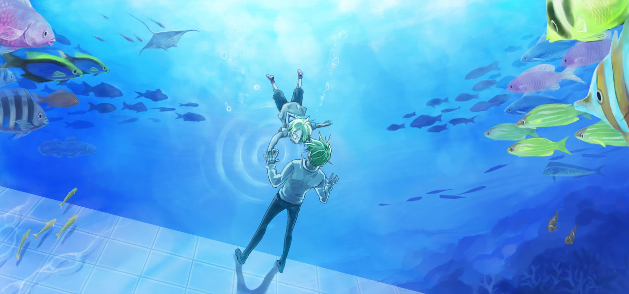 2boys aged_down angelfish bad_id bad_pixiv_id black_pants blonde_hair chef child clownfish collared_shirt coral dual_persona fish futomaki male_focus multiple_boys multiple_persona ocean one_piece pants pirate sanji_(one_piece) shirt stingray swimming tiles time_paradox underwater water white_shirt