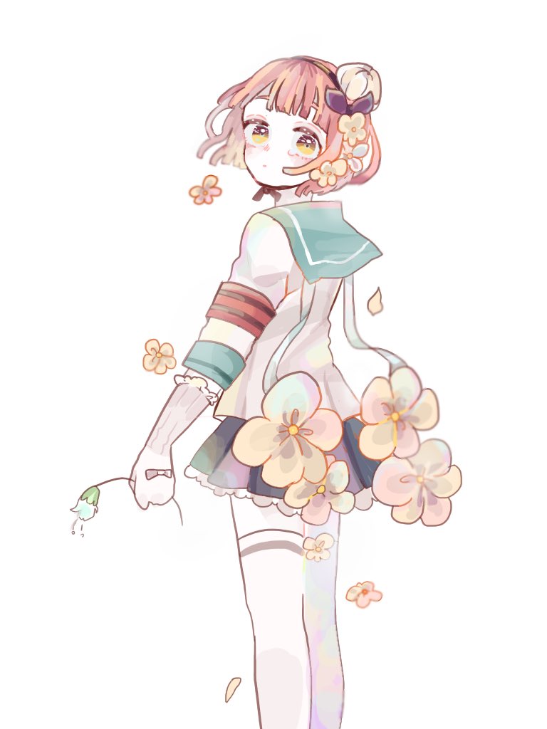 1girl aqua_sailor_collar black_skirt cowboy_shot female_focus flower frilled_skirt frills from_behind hanataro_(sruvhqkehy1zied) holding holding_flower looking_at_viewer looking_back mahou_shoujo_ikusei_keikaku mahou_shoujo_ikusei_keikaku_unmarked pink_hair pleated_skirt sailor_collar short_hair simple_background skirt snow_white_(mahoiku) solo thighhighs white_background white_flower white_thighhighs yellow_eyes zettai_ryouiki