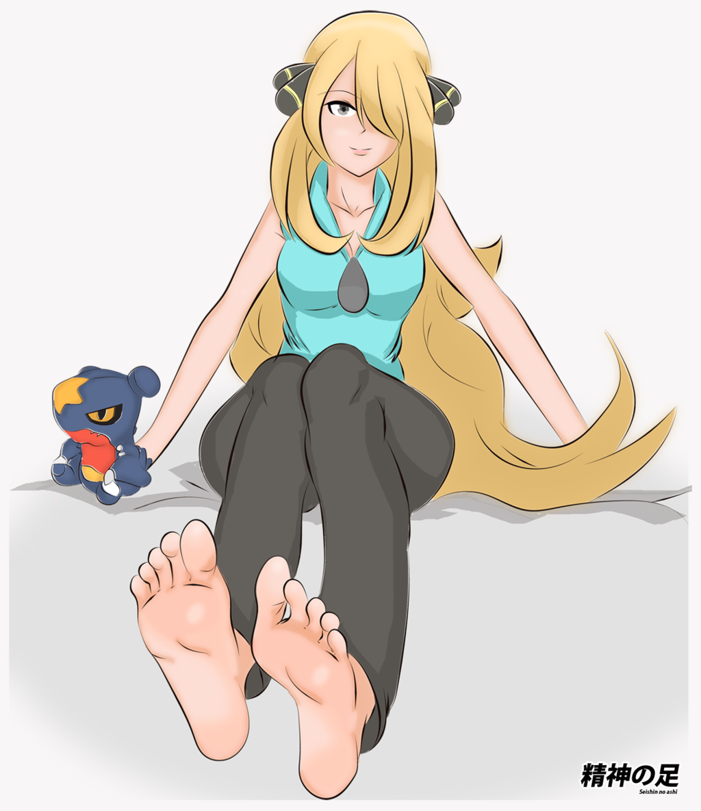 1girl alternate_costume bare_shoulders barefoot blonde_hair creatures_(company) cynthia_(pokemon) feet game_freak garchomp gen_4_pokemon grey_eyes long_hair looking_at_viewer nintendo pants pokemon pokemon_(anime) pokemon_bw_(anime) seishinashi shirt sleeveless sleeveless_shirt soles stuffed_toy toes