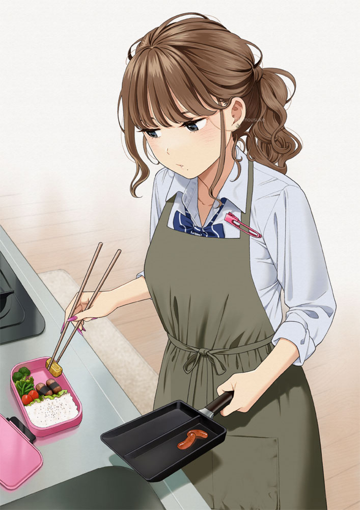 1girl apron bento broccoli brown_hair chopsticks cooking food indoors makiyakinabe mattaku_mousuke nail_polish omelet original ponytail rice sausage school_uniform solo tamagoyaki watermark