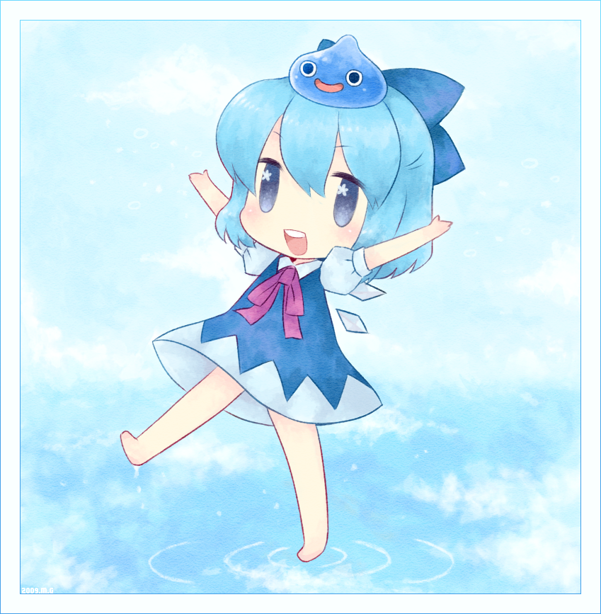 1girl arms_up barefoot blue_eyes blue_hair border bow chibi cirno crossover dragon_quest dress embodiment_of_scarlet_devil female_focus full_body gradient_background hair_bow happy matching_hair/eyes mg object_on_head short_hair slime_(creature) slime_(dragon_quest) solo touhou water