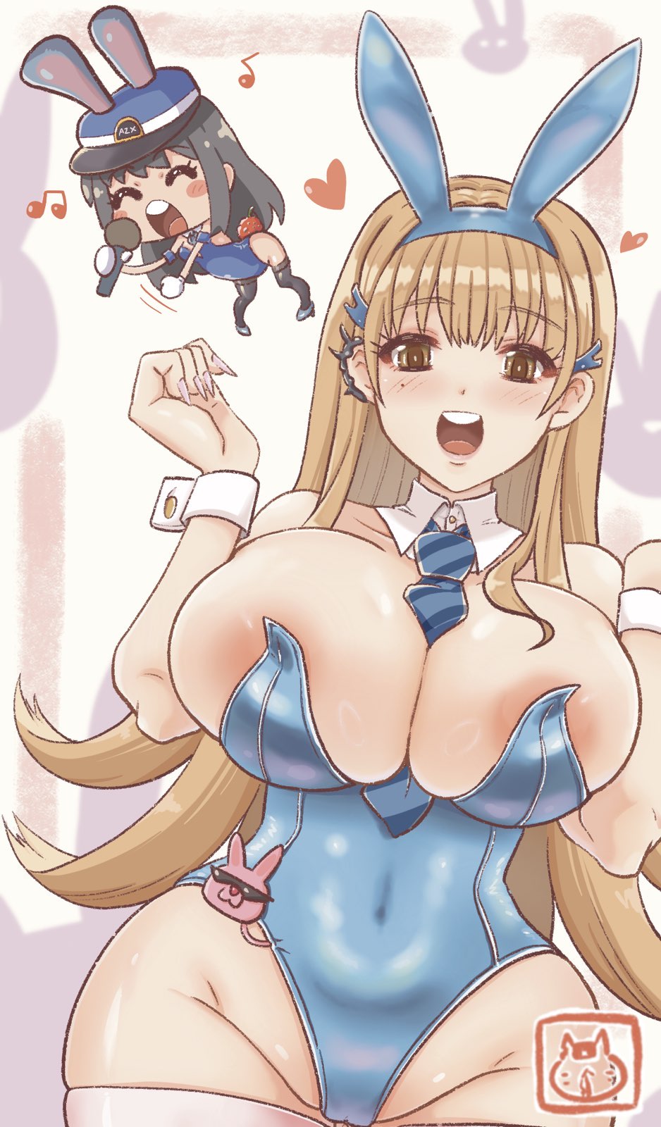 2girls :d animal_ears areola_slip blonde_hair blue_leotard blue_necktie blush breasts brown_eyes brown_hair chibi cleavage covered_navel detached_collar diesel_(nikke) ear_piercing fake_animal_ears fake_nails fake_tail goddess_of_victory:_nikke hair_between_eyes hair_ornament heart highleg highleg_leotard highres huge_breasts leotard long_hair microphone mole mole_under_eye multiple_girls music musical_note necktie open_mouth piercing playboy_bunny rabbit_ears rabbit_tail singing smile strapless strapless_leotard stupidleon2 tail tia_(nikke) wide_hips wrist_cuffs