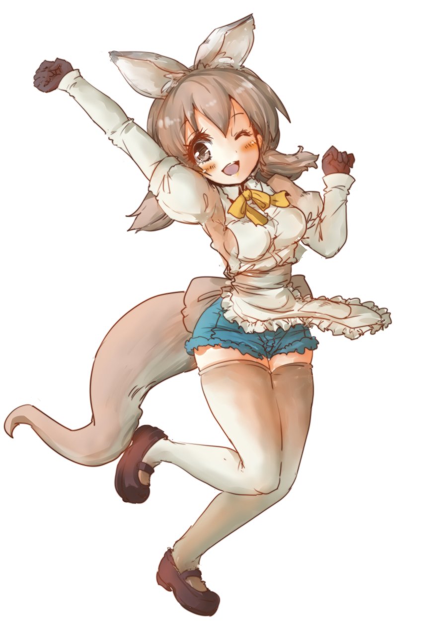 10s 1girl apron back_bow bow commentary_request denim denim_shorts female_focus full_body gloves highres kangaroo_ears kangaroo_tail kemono_friends long_sleeves motocompoooo neck_ribbon puffy_short_sleeves puffy_sleeves red_kangaroo_(kemono_friends) ribbon short_hair short_shorts short_sleeves shorts solo standing standing_on_one_leg thighhighs twintails